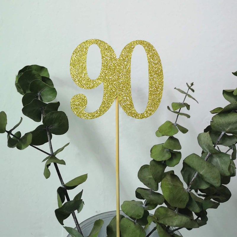 Giuffi Pack of 10 Gold Glitter 90th Birthday Centerpiece Sticks Number 90 Table Topper Age Letter Decorations - Image 2